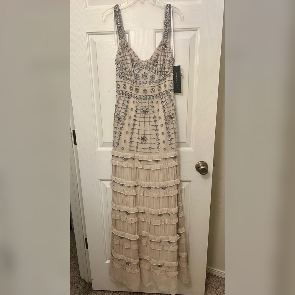 Aidan Mattox Cream and Silver Embellished Maxi Dress